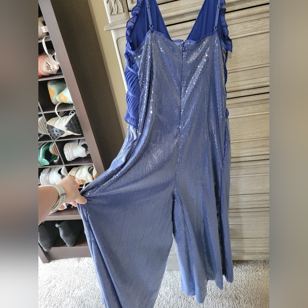 Maeve By Anthropology Blue Fluid Shine Ruffle Jumpsuit. New With Tags - Picture 5 of 10